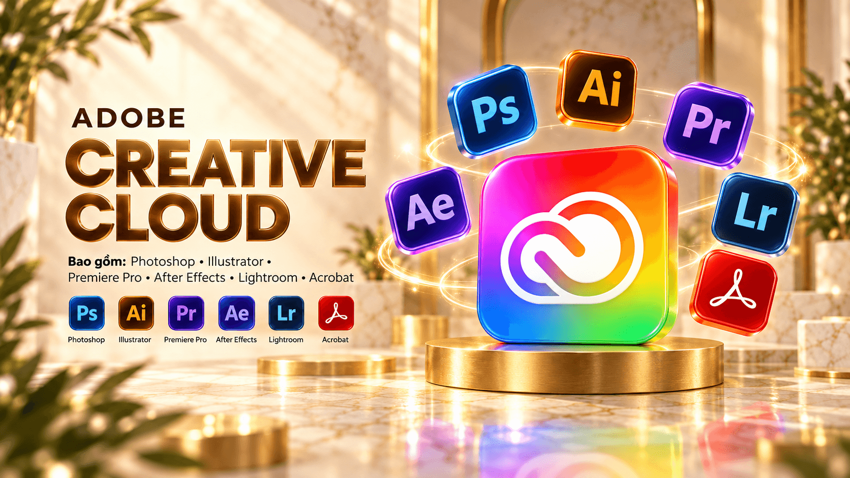 Bộ ứng dụng Adobe Creative Cloud: Photoshop, Illustrator, Premiere Pro, After Effects, Lightroom, Acrobat